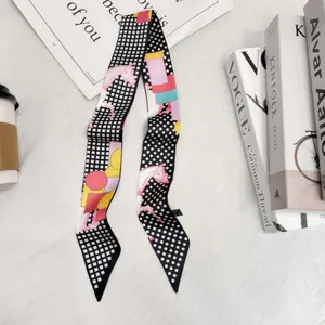 Retro silk-like narrow scarf featuring horse prints and checkerboard patterns on white fabric