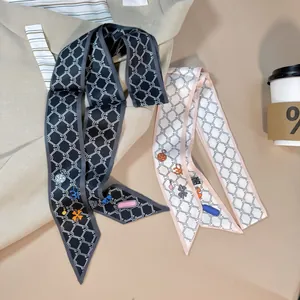 Elegant thin silk scarf set with chain print and floral motifs for bags and hair styling