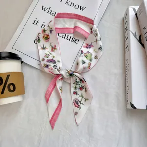 Floral print long silk scarf for women featuring butterfly patterns and pink borders