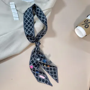 Women Elegant Satin Twilly Scarf For Handbags Fashion Chain Print Skinny Scarf Hair Ribbon Wrist Wrap Headband Decorative Necktie