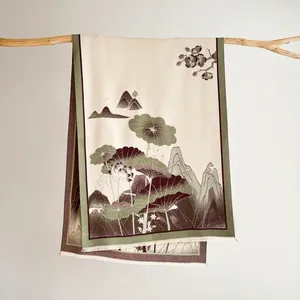 Vintage Chinese Style Lotus Landscape Jacquard Scarf For Women Winter Warm Imitation Cashmere Shawl With Tassels Soft Wrap