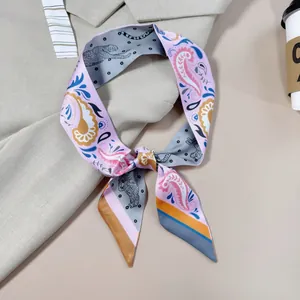 French Elegant Satin Twilly Scarf For Women Paisley Leopard Print Double Sided Narrow Silk Scarf Handbag Handle Accessory Hair Band Neck Scarf