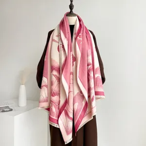 Elegant floral jacquard scarf shawl with pink and beige scenery pattern and tassel trim