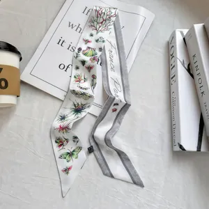 Detailed shot of a floral twilly scarf with butterflies and France Paris lettering