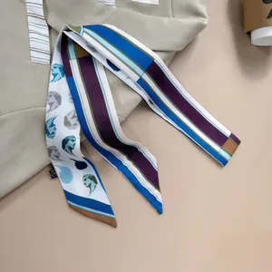 Artistic silk-like twilly scarf with blue and purple geometric Greek statue prints