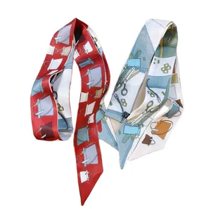 Double-sided twill silk skinny scarf with red and blue fashion prints for bag handles