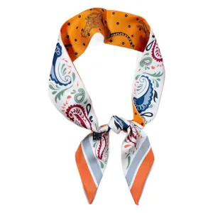 Double-sided paisley and leopard print silk scarf for hair, neck and handbag styling