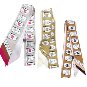 Set van drie lange zijden twilly-sjaals met handgetekende handtassenprint voor dames