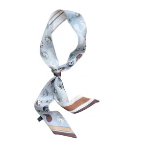 Elegant light blue skinny silk scarf with vintage statue print and geometric stripes
