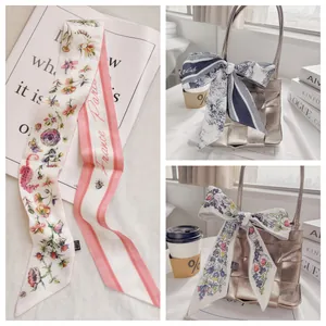Vintage Floral Printed Satin Narrow Long Scarf For Women Retro Butterfly Architecture Neckerchief Twilly Bag Handle Ribbon Decor
