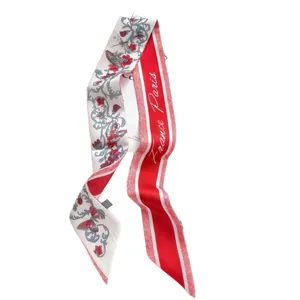 Vintage floral silk-feel narrow scarf with Paris text design on white background
