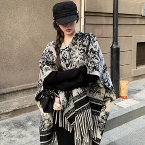 Artistic ink wash cashmere-like shawl with long tassels and thick winter warmth style