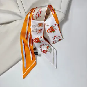Women Vintage Satin Narrow Twilly Scarf For Office Professional Long Strip Printed Hair Band Neckerchief Handbag Ribbon