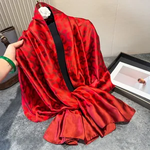 Elegant dark red silk satin shawl with black geometric patterns for women accessories