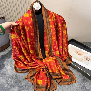 Elegant red silk satin scarf for women with traditional Chinese Fu pattern design