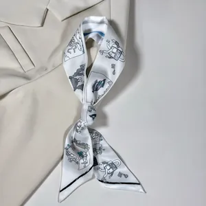 Detail of creative cartoon print silk scarf tied on a beige blazer lapel for styling