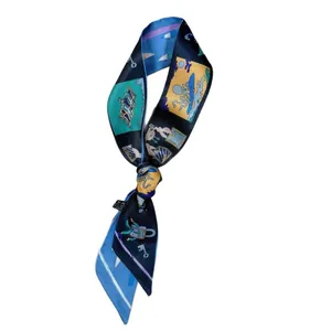 Fashionable long silk scarf with retro blue print and colorful nautical cartoon pattern