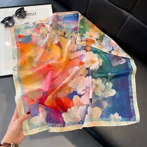 Artistic watercolor floral silk scarf for women in vibrant orange and blue tones