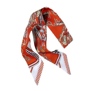 Foulard en soie orange avec imprimé harnais classique et pointes à rayures bicolores