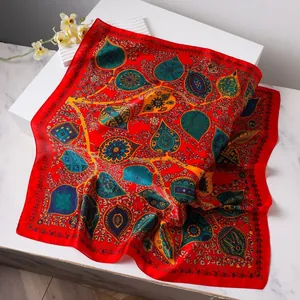 Vintage Printed Satin Scarf For Women Bohemian Paisley Square Headscarf Elegant Sun Protection Necktie Shawl Accessory