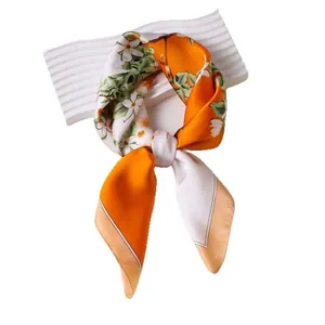 Elegant 70cm square silk-feel scarf with orange floral pattern and knotted design
