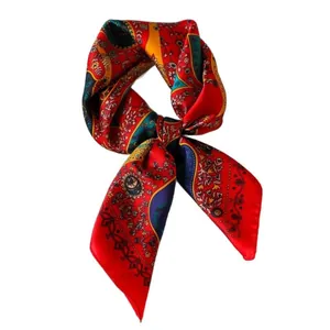 Vintage red floral paisley silk square scarf with colorful geometric patterns