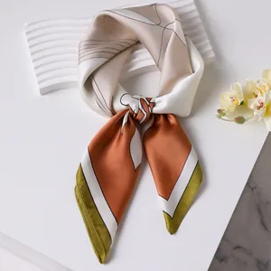 Elegant floral square silk scarf with minimalist abstract lines in earthy green and brown