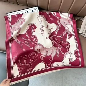 Elegant Horse Pattern Scarf For Women Winter Warm Imitation Cashmere Shawl Long Tassel Wrap Vintage Equestrian Style Scarf