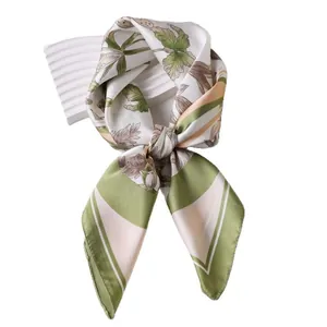 Elegant faux silk scarf with daffodil floral print and contrasting striped border