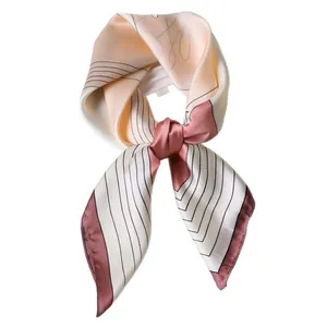 Elegant floral silk scarf with geometric lines and letter print in French style
