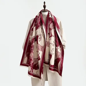 Luxurious burgundy and beige wool shawl with equestrian horse pattern and fringe