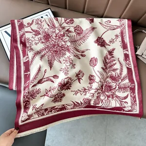 Vintage Toile De Jouy Floral Scarf For Women Imitation Cashmere Warm Double Sided Tassel Shawl Autumn Winter Pashmina