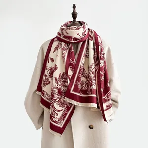 Ethnic vintage floral cashmere-like shawl with tassels in wine red and cream colors