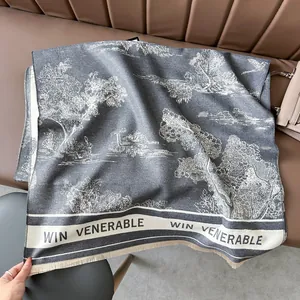 Women Imitation Cashmere Scarf Thickened Warm Landscape Floral Pattern Shawl Wrap With Tassels Fashion Winter Neck Warmer