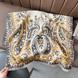 Women's Thick Imitation Cashmere Scarf Vintage Paisley Floral Print Double Sided Tassel Shawl Wrap Winter Warm Ethnic Scarf