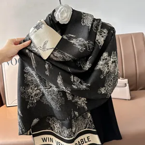 Elegant landscape print cashmere-style scarf in black and white with fringe details