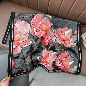 Sciarpa Donna Retro Stampa Floreale Peonia Imitazione Cashmere Pesante Caldo Pashmina Scialle Con Nappe Sciarpa Invernale Elegante