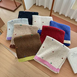 Women's Korean Style Knitted Wool Scarf Winter Warm Thick Long Shawl With Colored Bean Decoration Contrast Color Edging