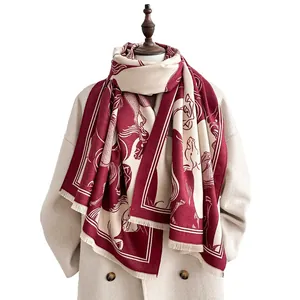 Burgundy horse print wool blend shawl scarf with fringe edges and equestrian motif