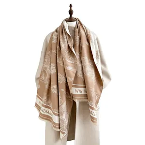 Elegant landscape print faux cashmere shawl with tassels and classic camel color design