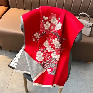 Elegante Sciarpa In Imitazione Cashmere Con Jacquard Di Fiori Di Prugno Per Donna Scialle Invernale Doppia Faccia Con Nappine