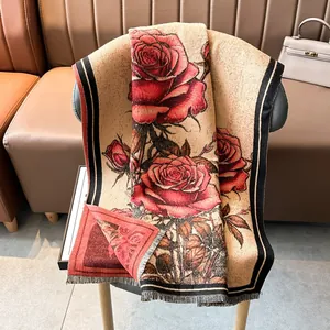 Écharpe d'automne épaisse à imprimé rose vintage et pompons, toucher cachemire