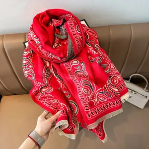 Winter double-sided red paisley shawl with fringe made of soft cashmere-like fabric