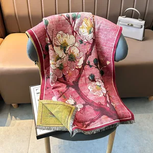 Wende-Kaschmirschal für den Winter mit Retro-Magnolien-Blumenmuster im Ölgemälde-Stil