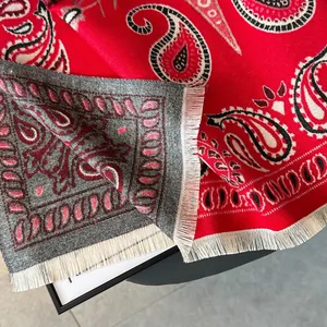 Close-up of double-sided paisley scarf showing red and grey fabric texture and fringe