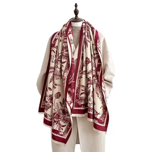 Retro floral cashmere-feel shawl with Toile de Jouy pattern and delicate tassels
