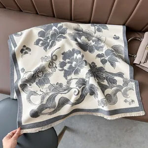 Vintage Ethnic Floral Cashmere-like Scarf For Women Winter Thick Warm Tassel Shawl Wrap Elegant Retro Jacquard Scarf
