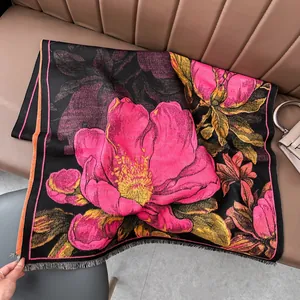 Écharpe Vintage Florale Femme Imitation Cachemire Motif Botanique Élégant Pashmina Hiver Chaud Épais Châle Avec Franges