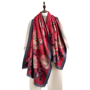 Châle vintage rouge à imprimé floral peinture à l'huile, cachemire doux et franges