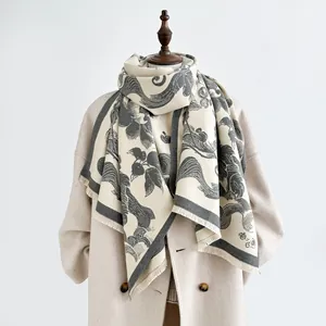 Elegant vintage floral thick cashmere-like shawl with fringe for winter in beige and grey